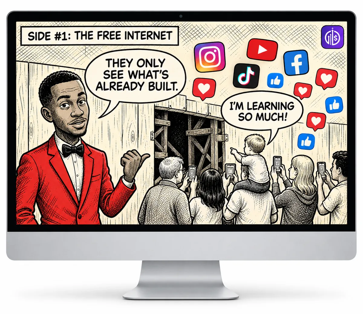 Cartoon on a desktop screen, Side #1, the free internet: a crowd peeks through a hole in a construction fence under Instagram, YouTube, Facebook and TikTok icons while Claude Buzizi says they only see what is already built