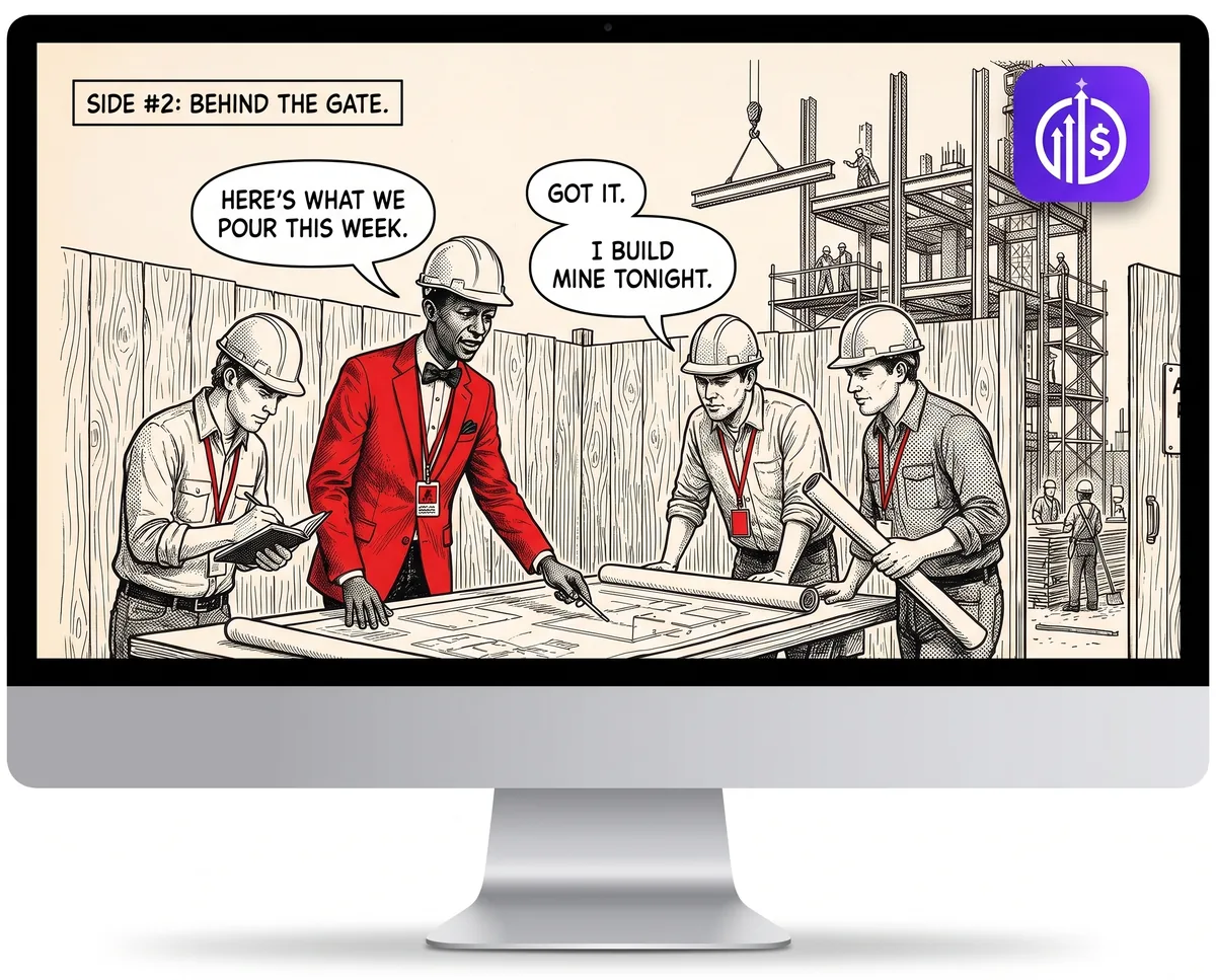 Cartoon on a desktop screen, Side #2, behind the gate: Claude Buzizi shows a crew the blueprint for this week inside the site