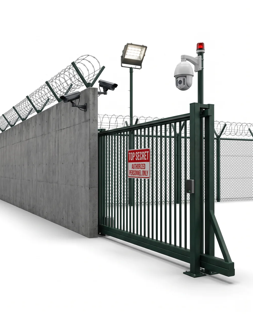 A maximum-security perimeter: concrete wall, razor wire, HD security cameras and a locked gate signed Top Secret, Authorized Personnel Only