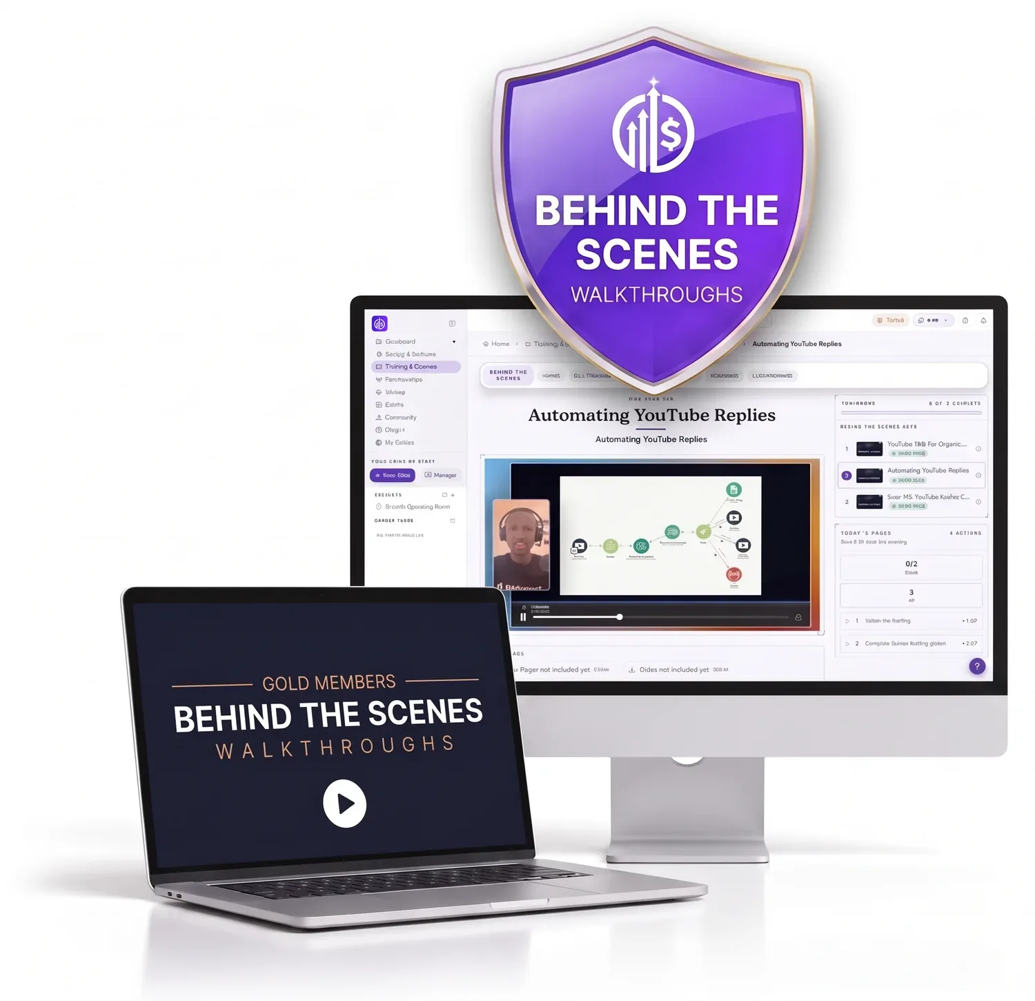 A Behind The Scenes Walkthroughs badge above a laptop and a desktop, each playing a walkthrough