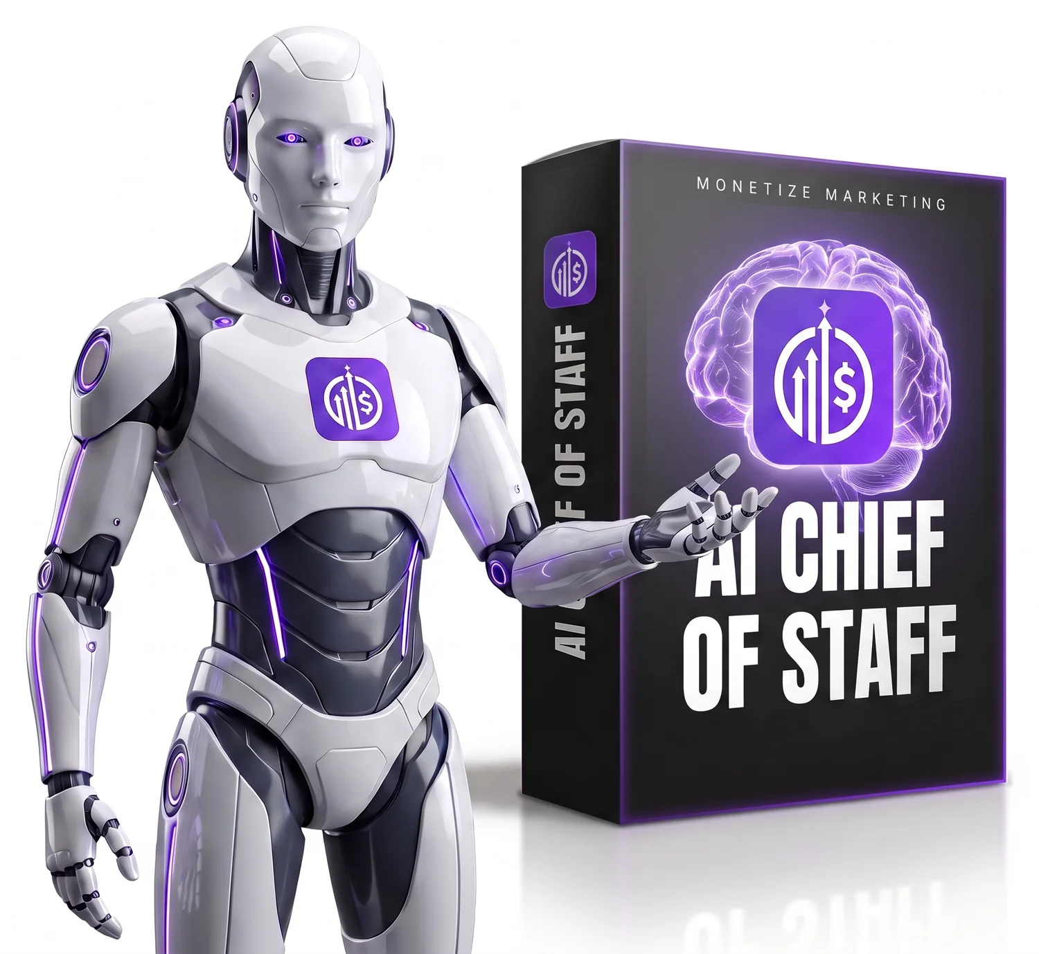An AI robot beside the AI Chief Of Staff software box, a glowing brain with the Monetize Marketing icon on its cover