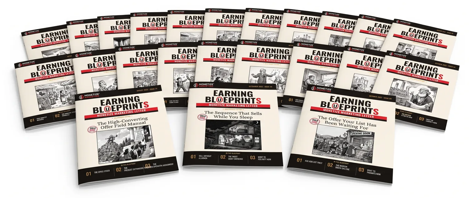A spread of Earning Blueprints newsletter issues