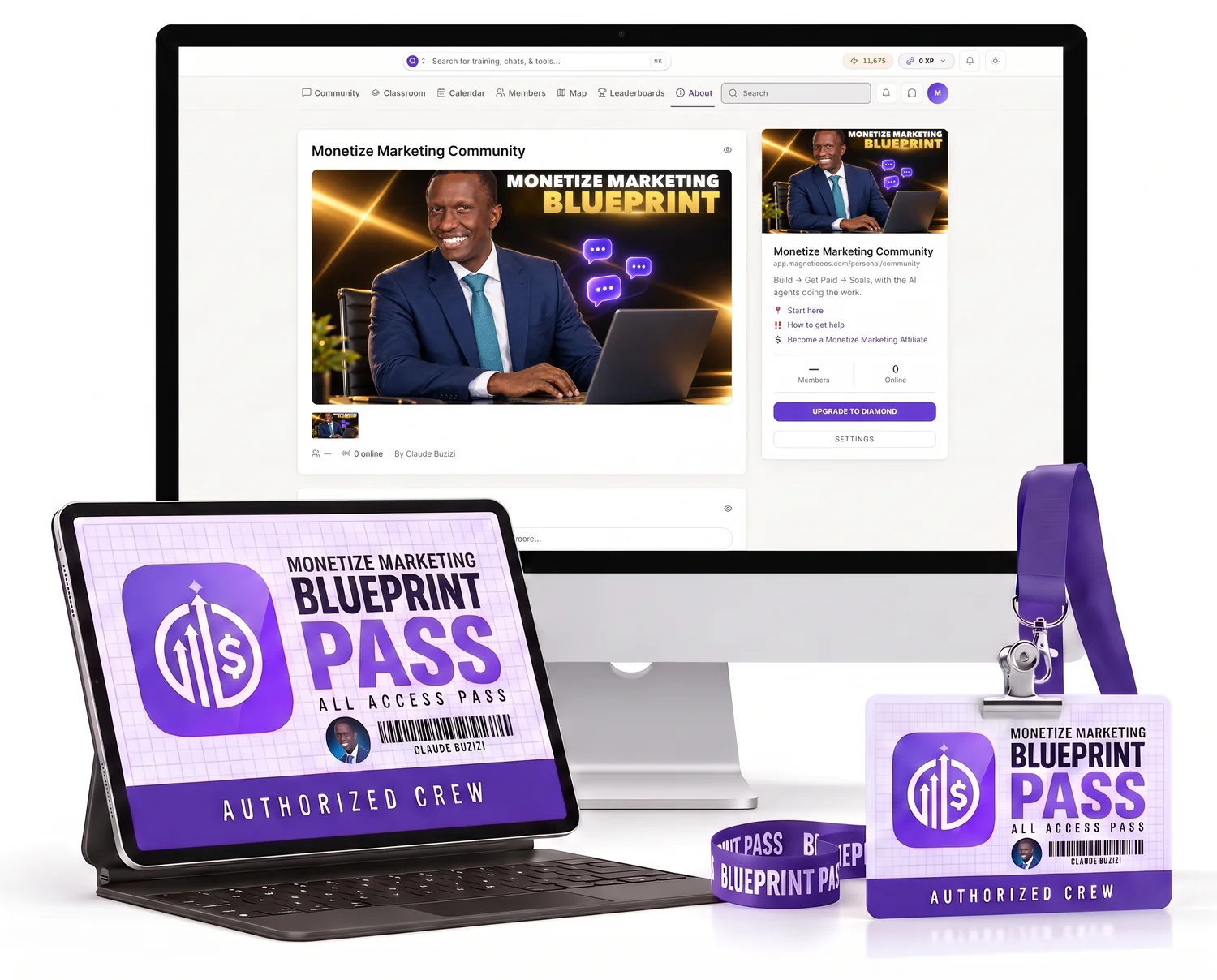 The Monetize Marketing community page on an iMac, the Blueprint Pass on a tablet and the pass on its lanyard