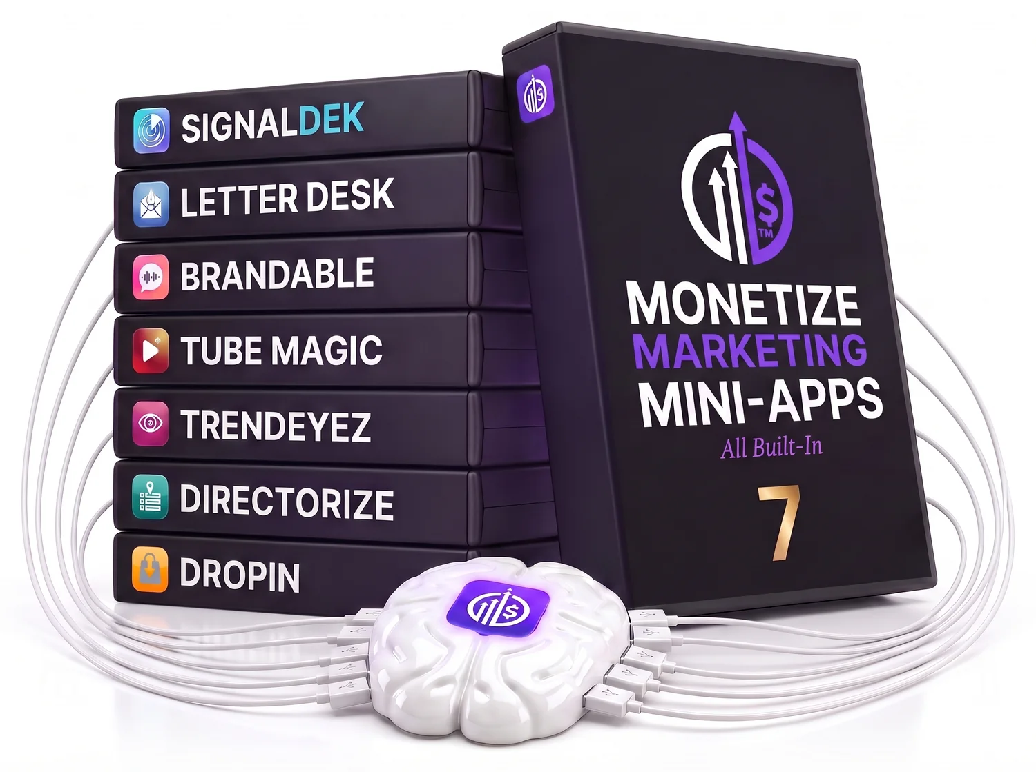 The Monetize Marketing Mini Apps box, 7 tools one login, beside seven cases for SignalDek, LetterDesk, Brandable, TubeMagic, TrendEyez, Directorize and DropIn, all cabled into one brain hub