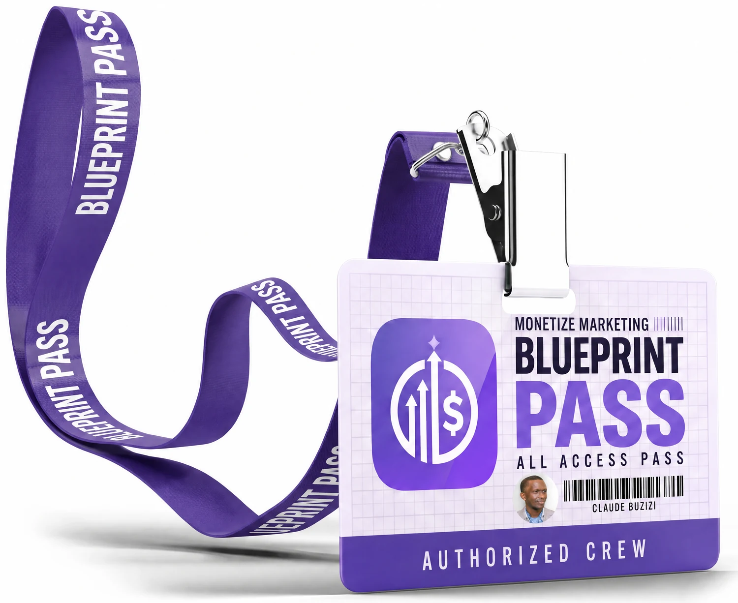 Blueprint Pass on a violet lanyard: Monetize Marketing, All Access Pass, Authorized Crew