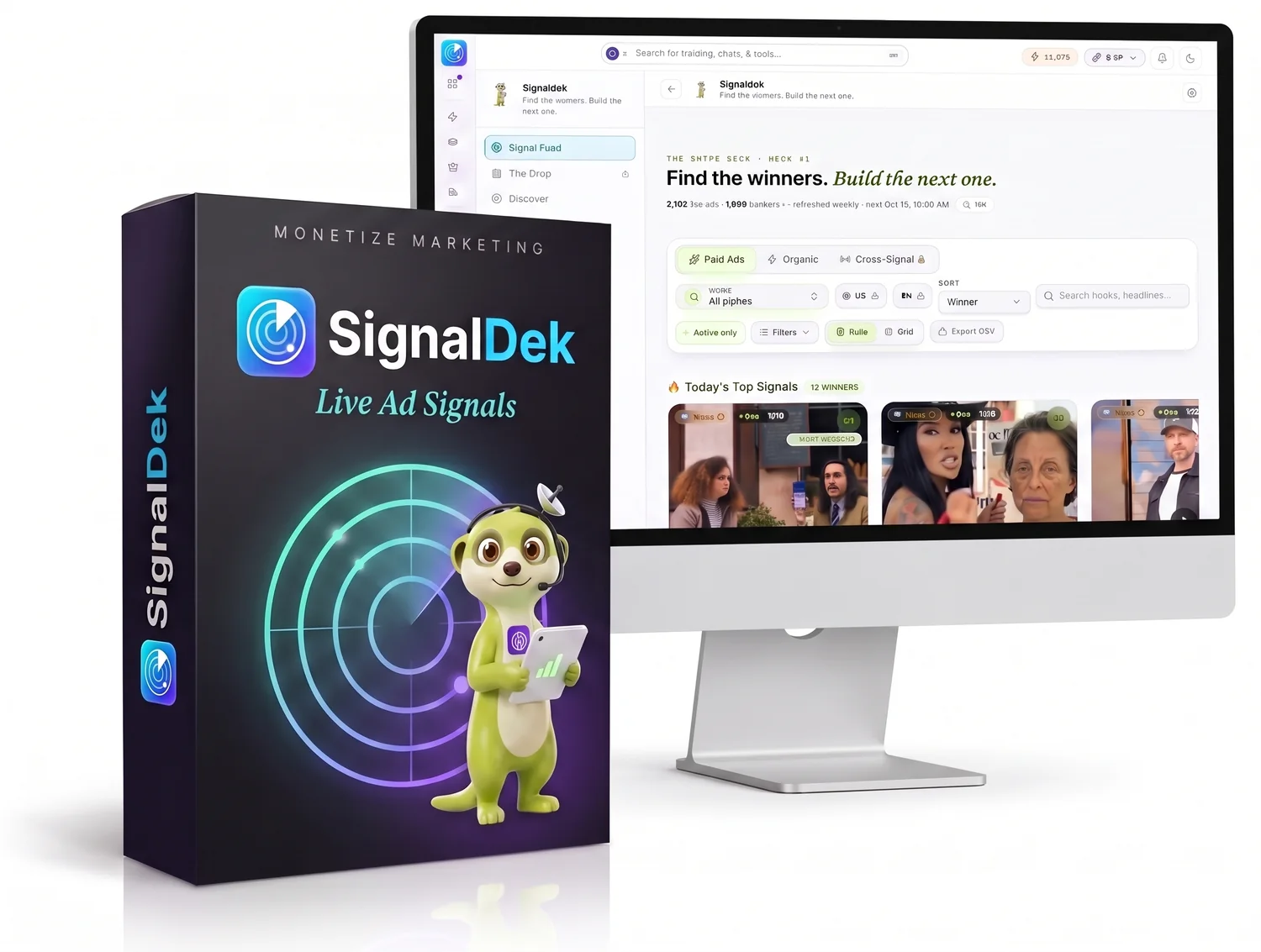 SignalDek software box, Live Ad Signals, beside a desktop showing the SignalDek signal feed