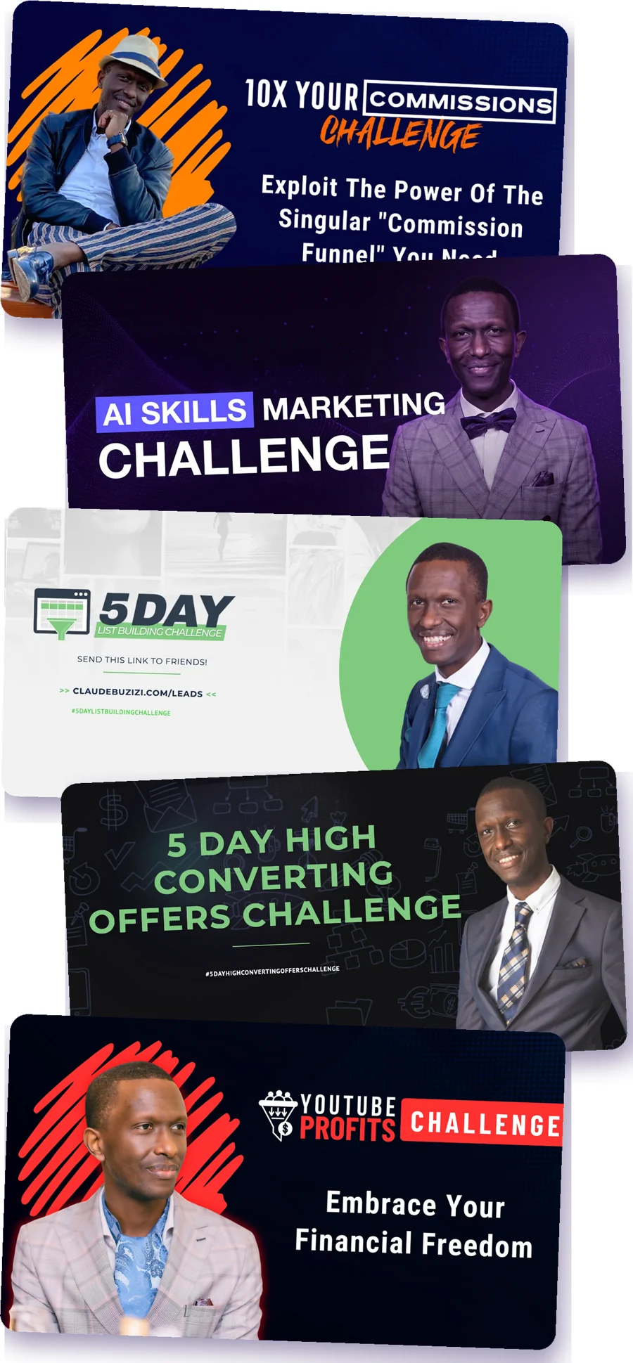 The Challenge Vault: five real challenge covers stacked, from 10X Your Commissions to YouTube Profits